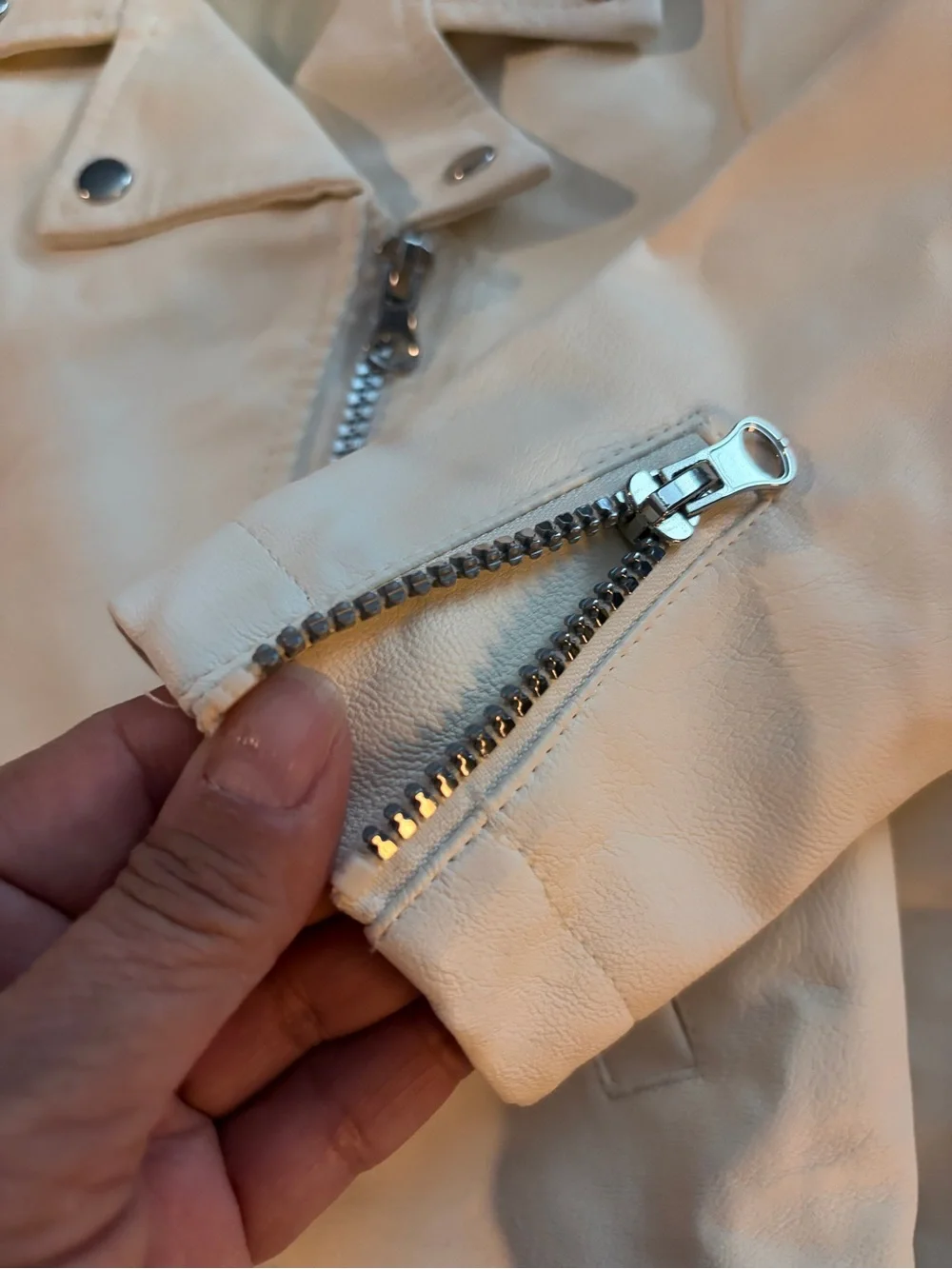 Little Lass Cream Faux Leather Moto Jacket with Silver Hardware